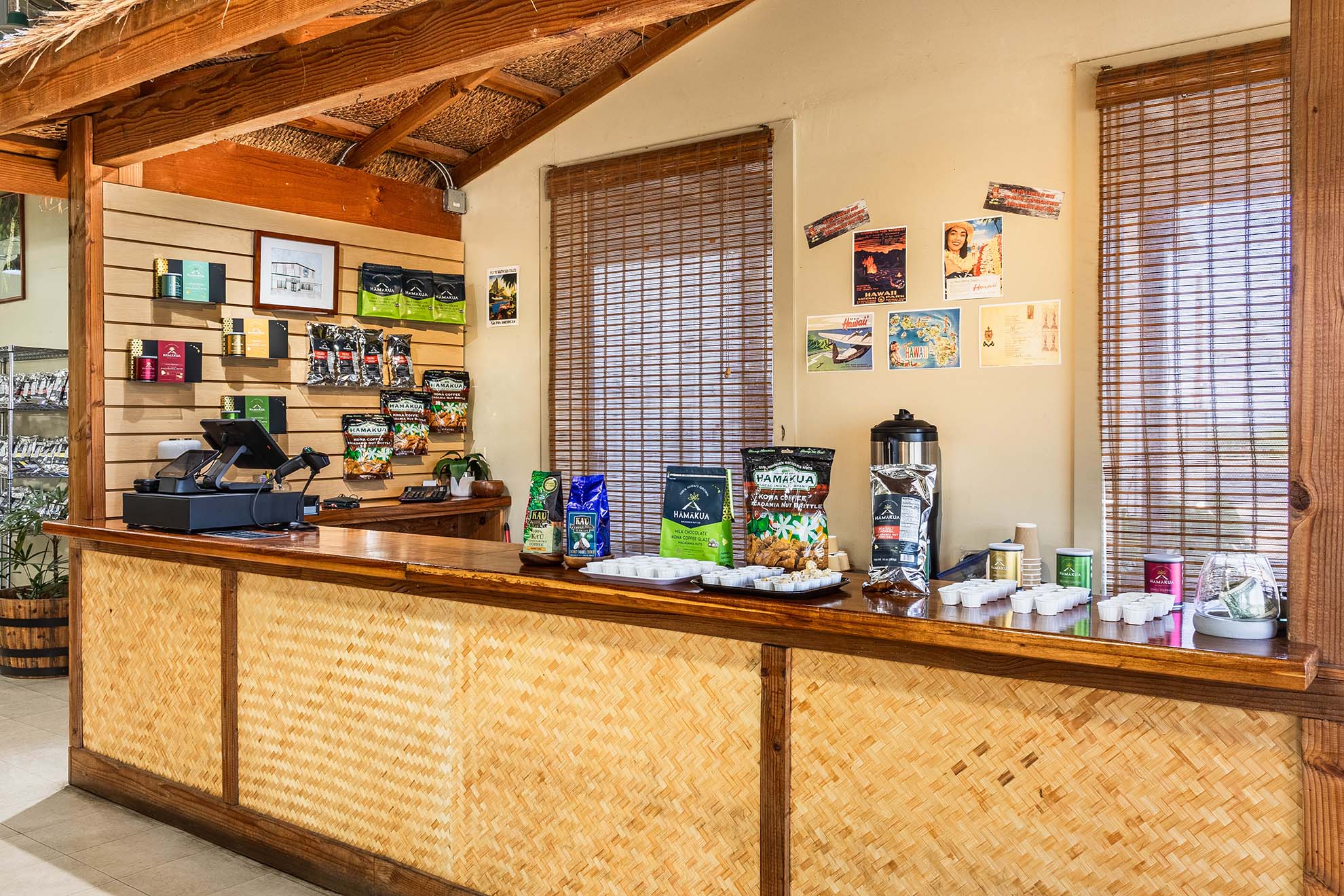 Visitor Center interior with a wooden counter with samples and a display area