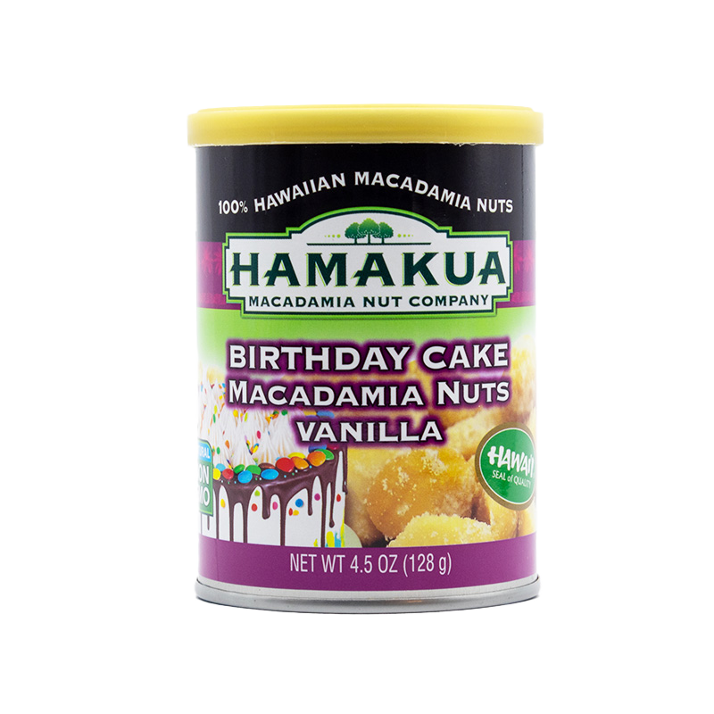 4.5 oz can of Hāmākua Macadamia Nut Company Birthday Cake Macadamia Nuts