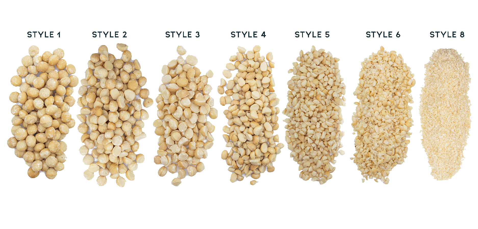 Eight styles of macadamia nuts Hāmākua Macadamia Nut Company offers in a row