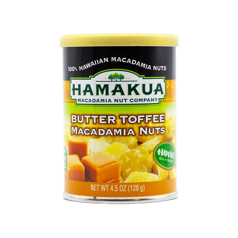 4.5 oz can of Hāmākua Macadamia Nut Company Butter Toffee Macadamia Nuts