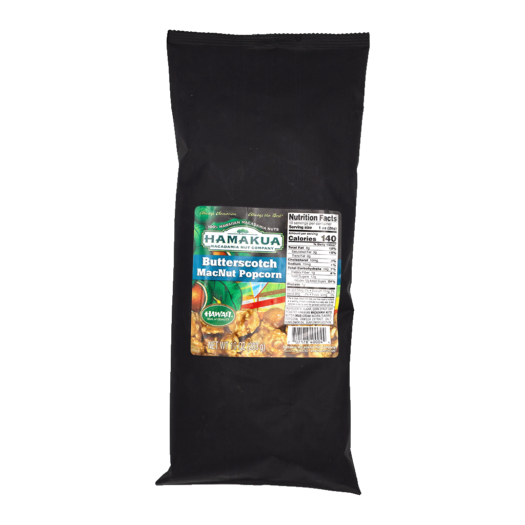 Black package of Hāmākua Macadamia Nut Company Butterscotch Mac Nut Popcorn