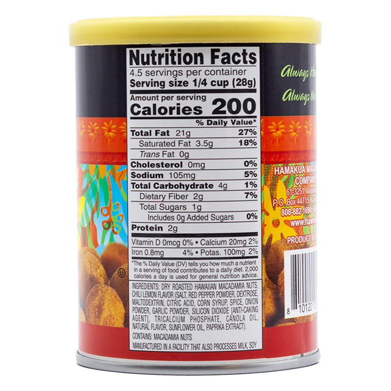 Nutrional label of 4.5oz can of Hāmākua Macadamia Nut Company Chili Peppah Macadamia Nuts