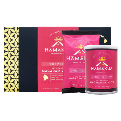 Hāmākua Macadamia Nut Company Chili Peppah Macadamia Nuts in various size packaging