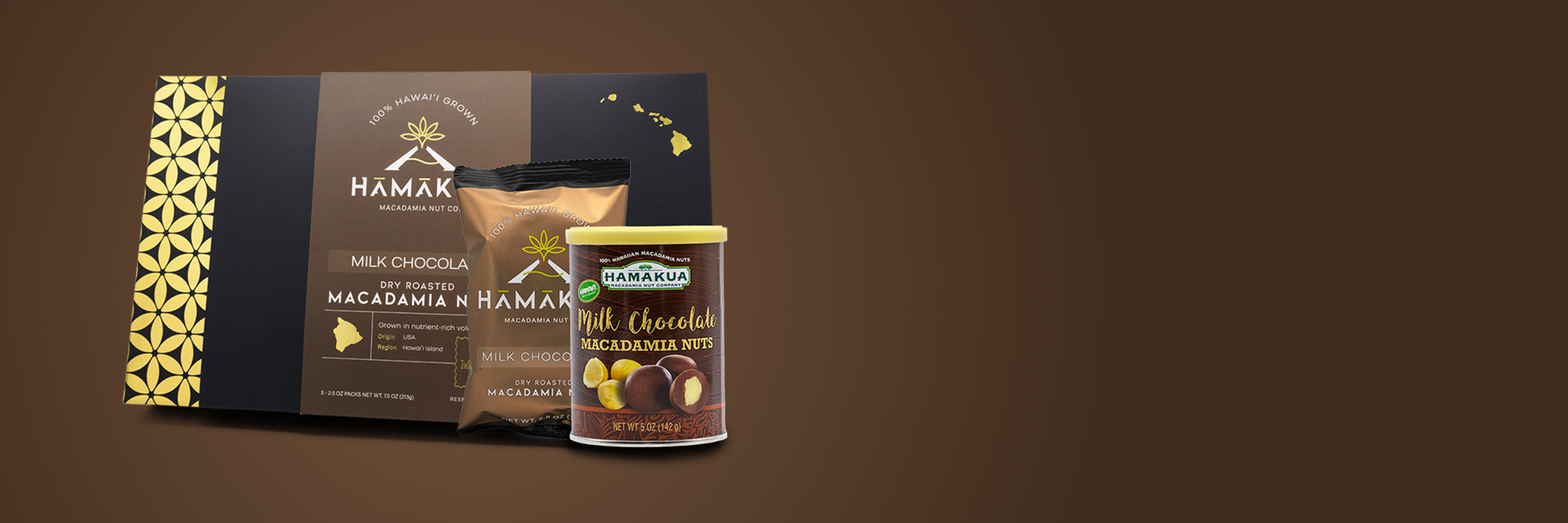 Hāmākua Macadamia Nut Co Chocolate packaging on a brown background