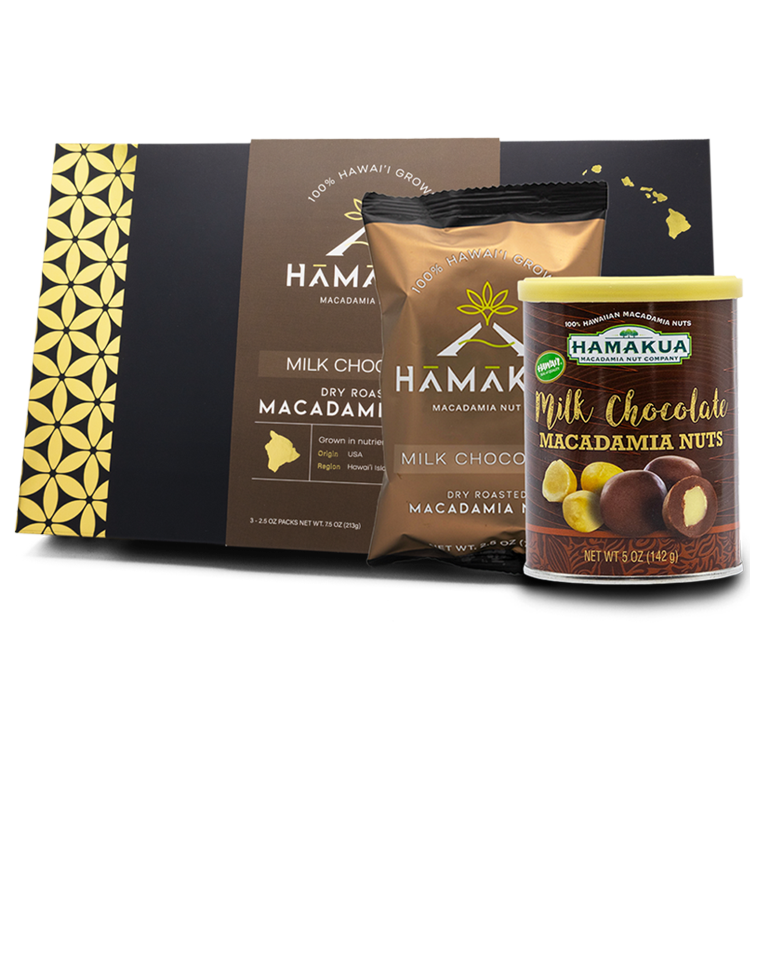 Hamakua Macadamia Nut Co. products including a box, pocuh, and a can of milk chocolate macadamia nuts on a white background.