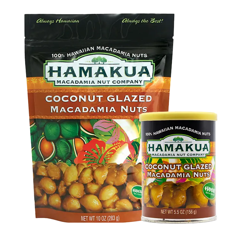 10oz pouch and 5.5oz can of Hāmākua Macadamia Nut Company Coconut Glazed Macadamia Nuts