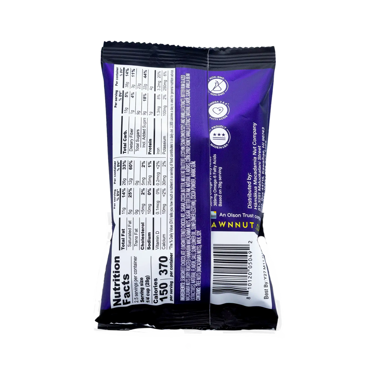 Hāmākua Macadamia Nut Company Dark Chocolate Butter Rum macadamia nuts 2.5oz pouch nutrition label