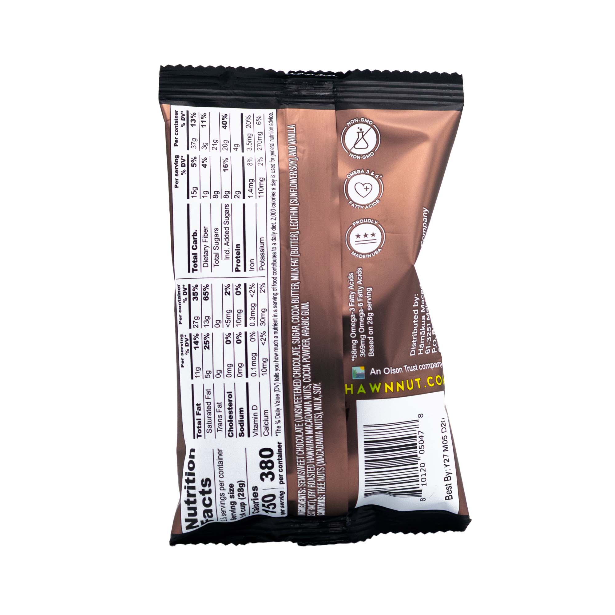 Hamakua Macadamia Nut Co. Milk Dark Chocolate macadamia nuts 2.5oz packaging nutrition label