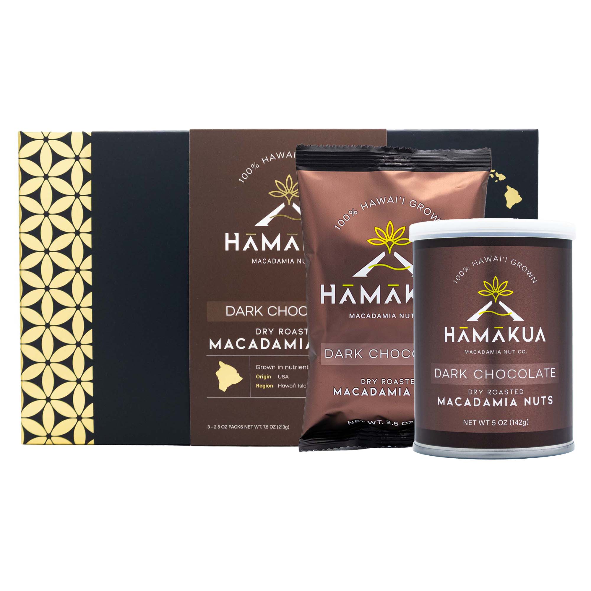 Hamakua Macadamia Nut Co. Milk Dark Chocolate macadamia nuts various size packaging