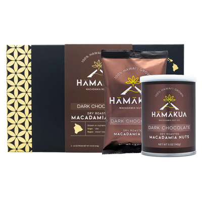 Hamakua Macadamia Nut Co. Milk Dark Chocolate macadamia nuts various size packaging
