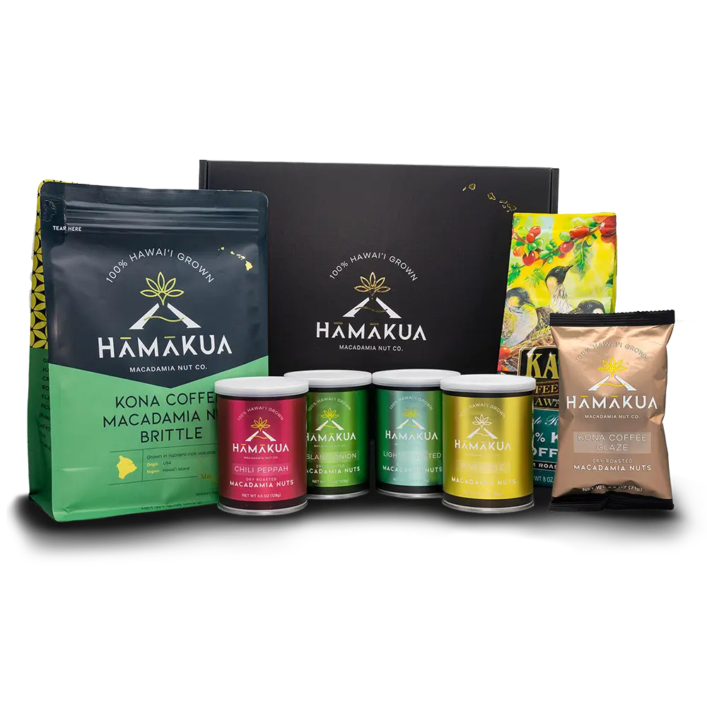 Collection of Hāmākua Macadamia Nut Company and Kaʻū Coffee Mill products including coffee, brittle, and macadamia nuts on a white background.
