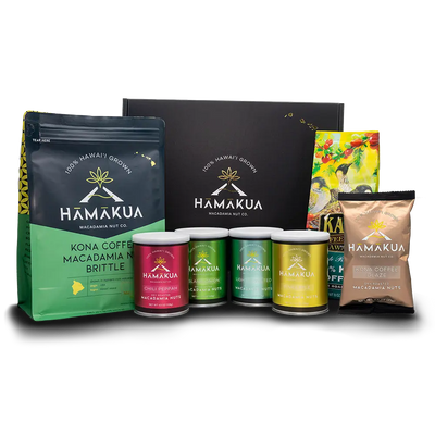 Collection of Hāmākua Macadamia Nut Company and Kaʻū Coffee Mill products including coffee, brittle, and macadamia nuts on a white background.