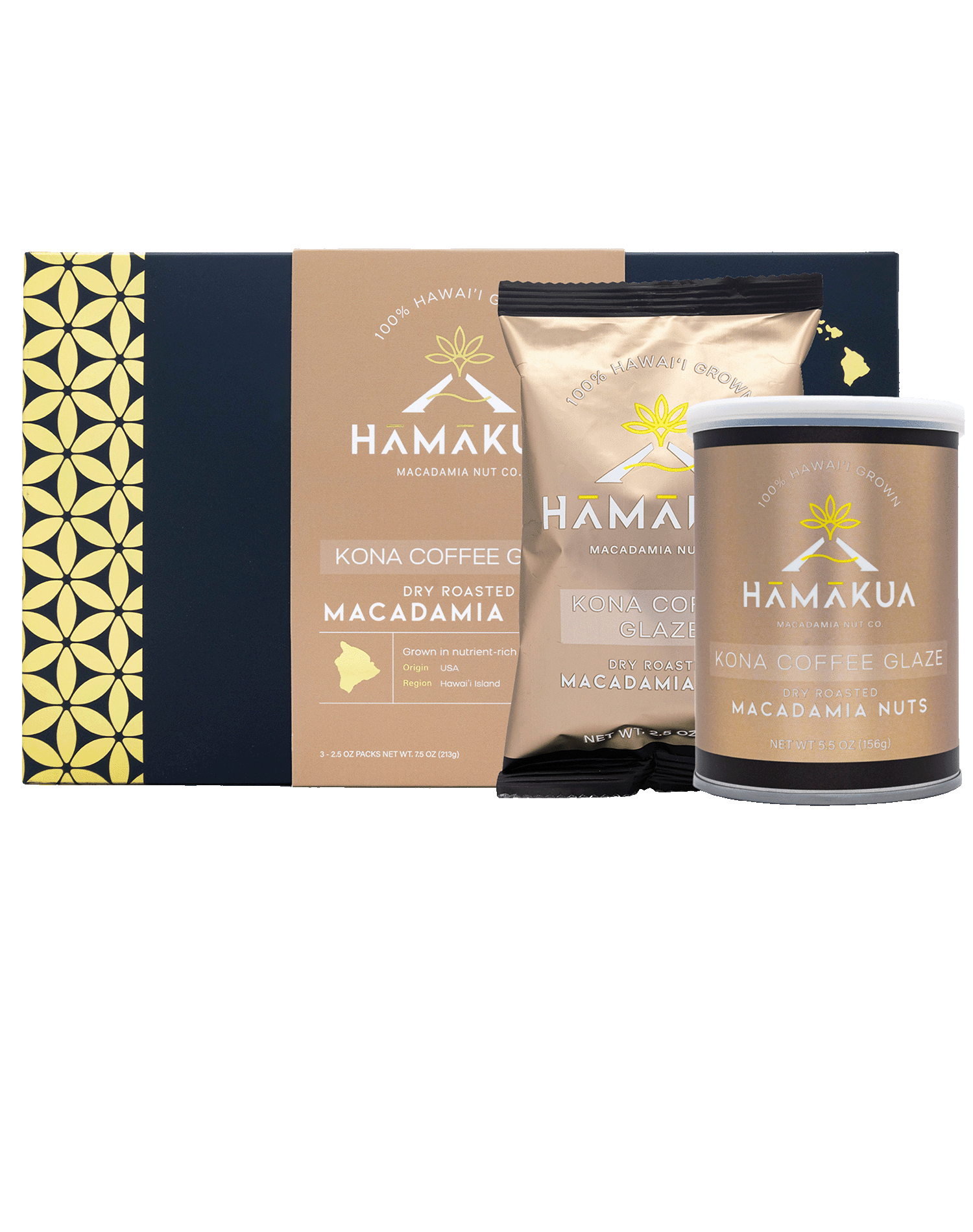 Hāmākua Macadamia Nut Company Kona Coffee Glaze Macadamia Nuts in various size packaging