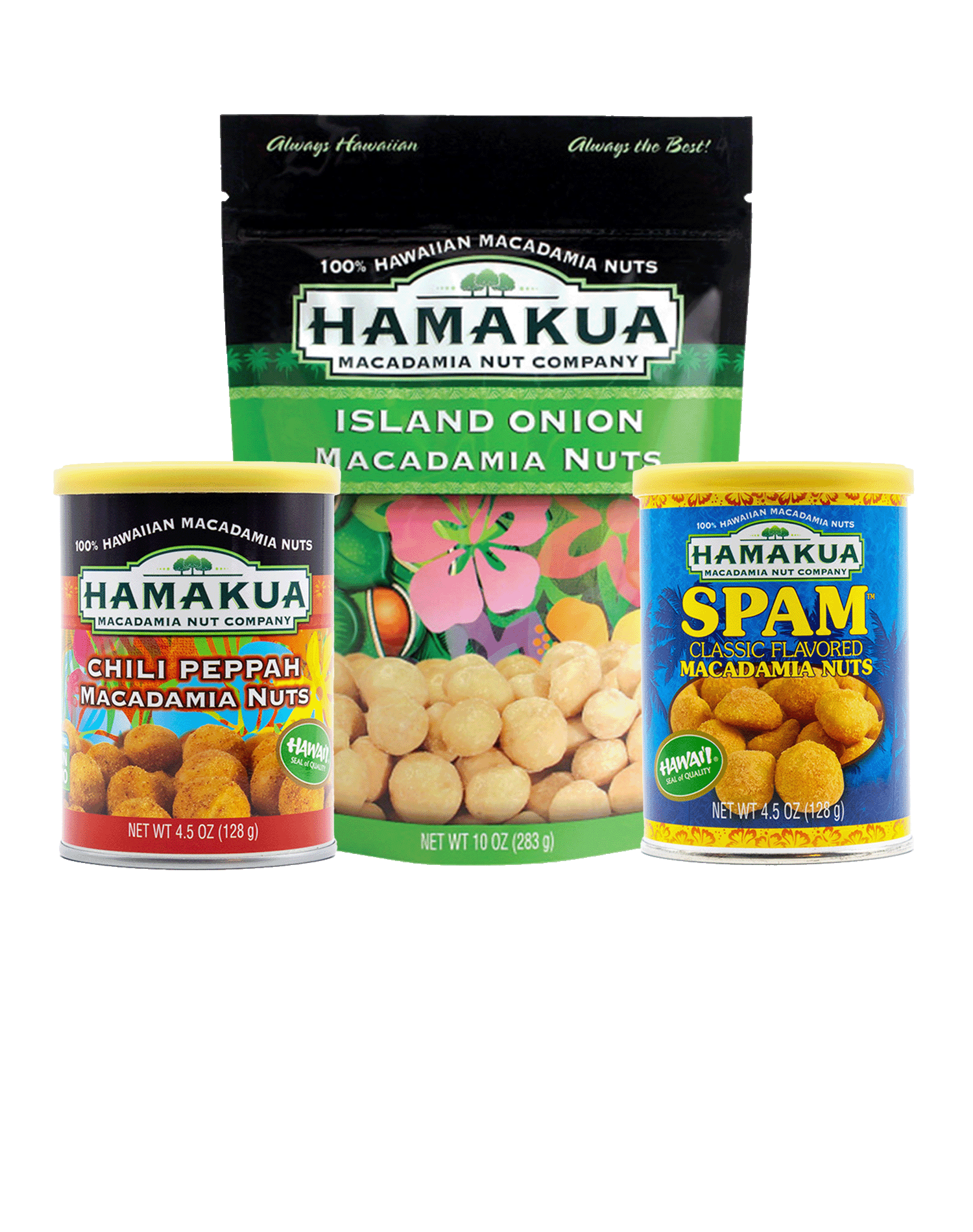 Three packages of Hāmākua Macadamia Nut Company macadamia nuts with different flavors