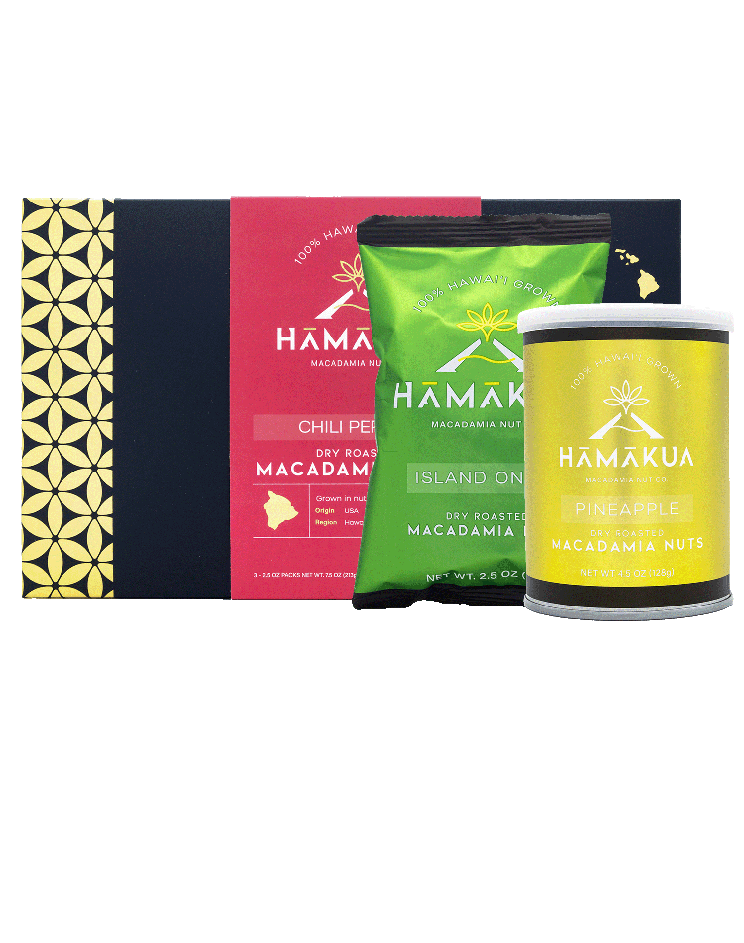 Three Hāmākua Macadamia Nut Company macadamia nut flavors in a variety of packaging sizes