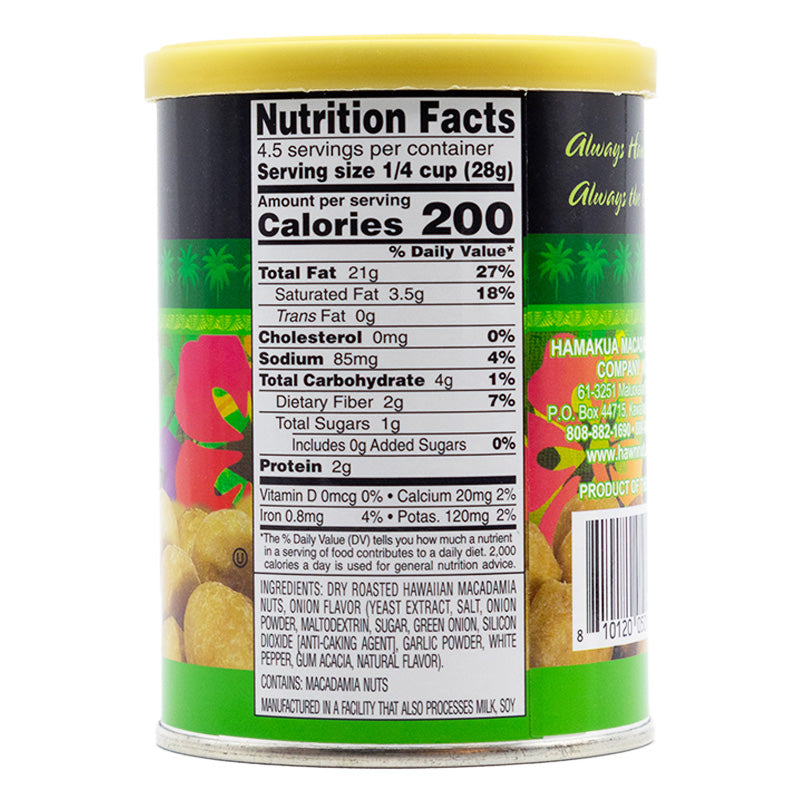 Nutrional label of 4.5oz can of Hāmākua Macadamia Nut Company Island Onion Macadamia Nuts
