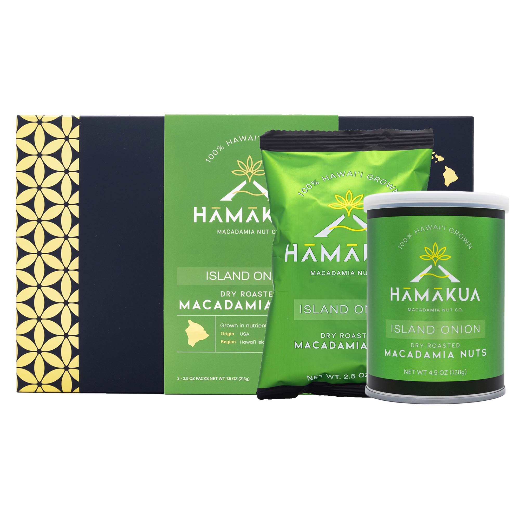Hāmākua Macadamia Nut Company Island Onion Macadamia Nuts in various size packaging