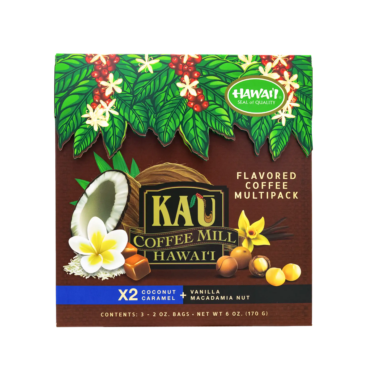 Front-facing box of Kaʻū Coffee Mill Flavored Coffee Multipack, featuring tropical coconut, flowers, and fruit illustrations on a brown background.