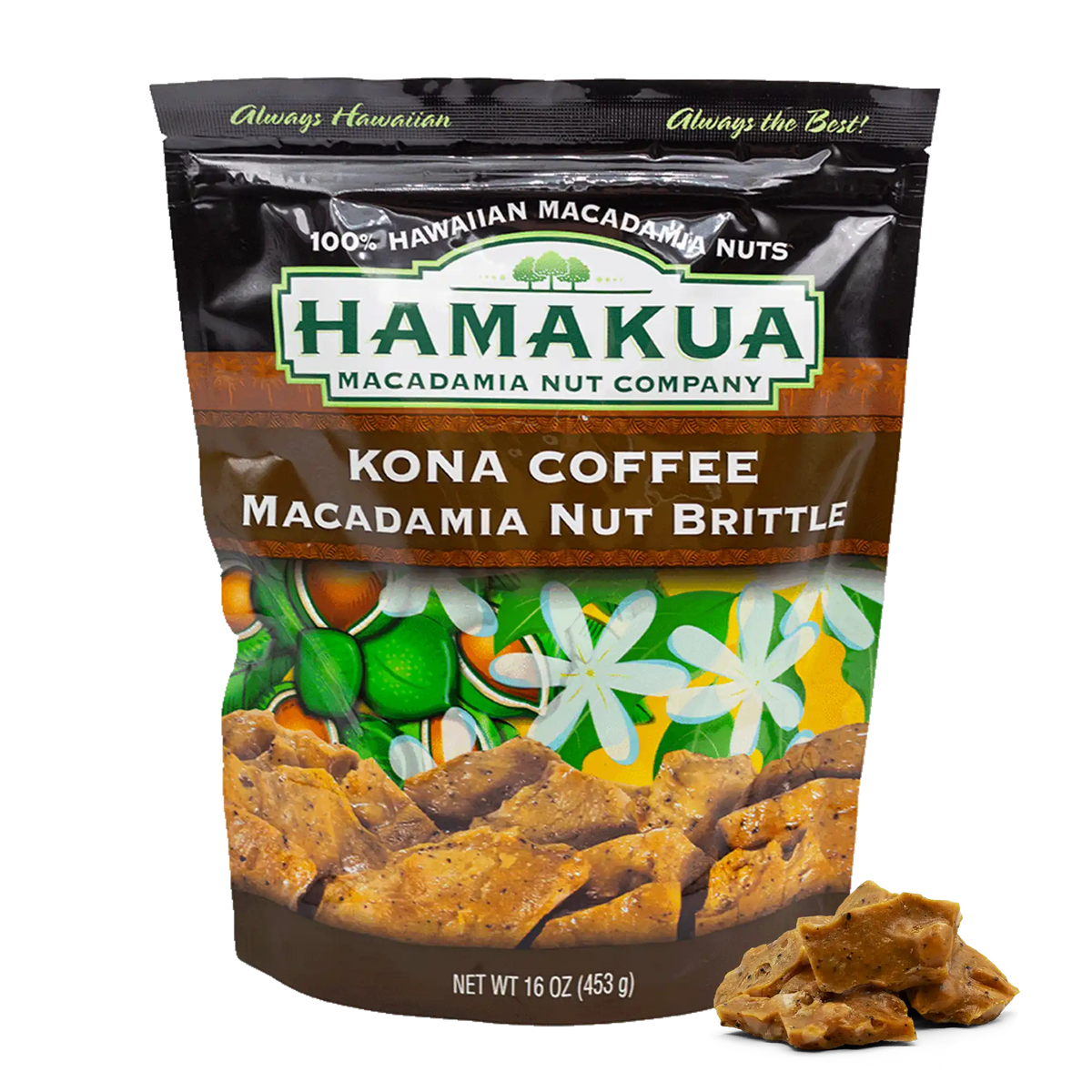 16oz Hāmākua Macadamia Nut Co. Kona Coffee Macadamia Nut Brittle packaging with brittle pieces in front of the package.