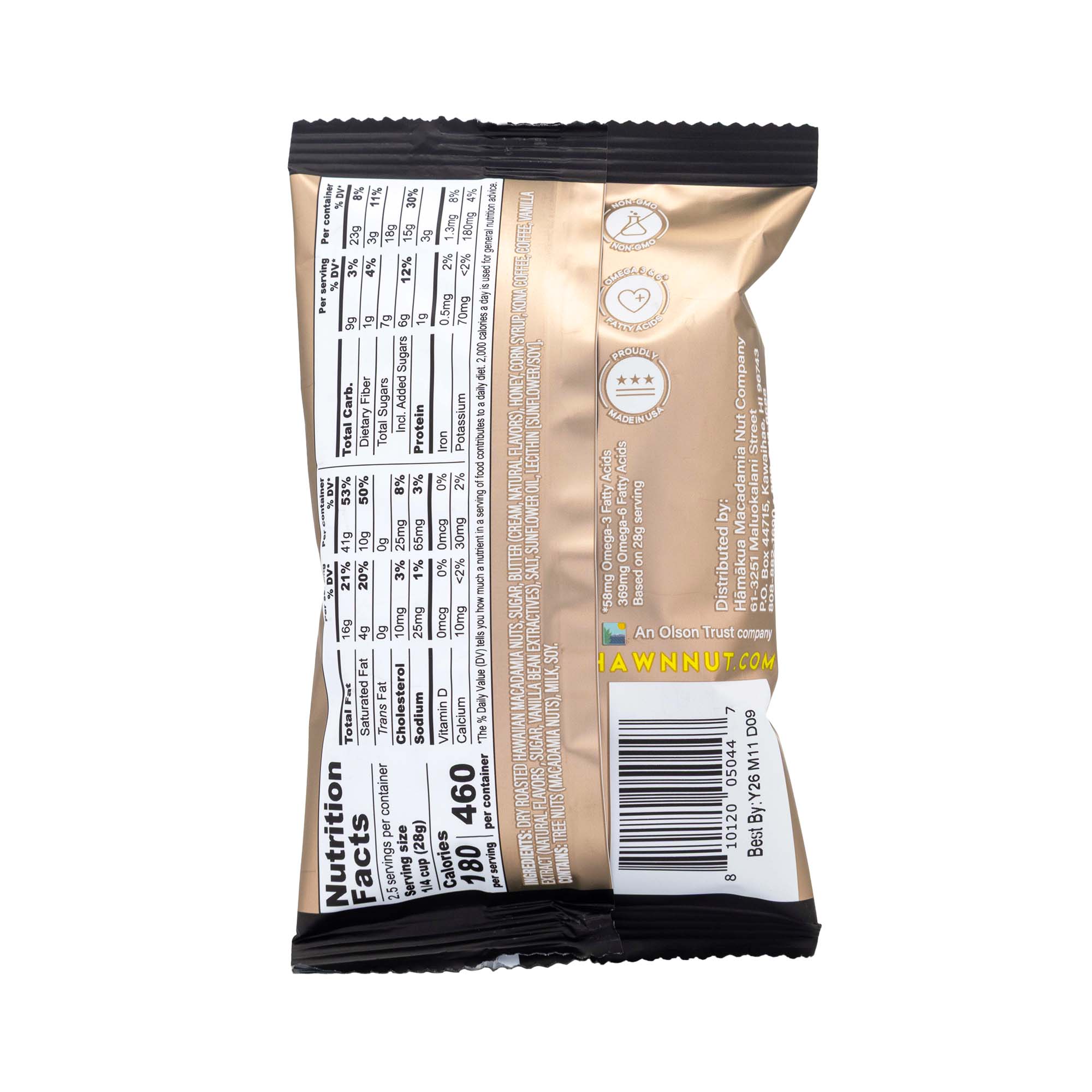 Hāmākua Macadamia Nut Company Kona Coffee Glaze macadamia nuts 2.5oz pouch nutrition label.