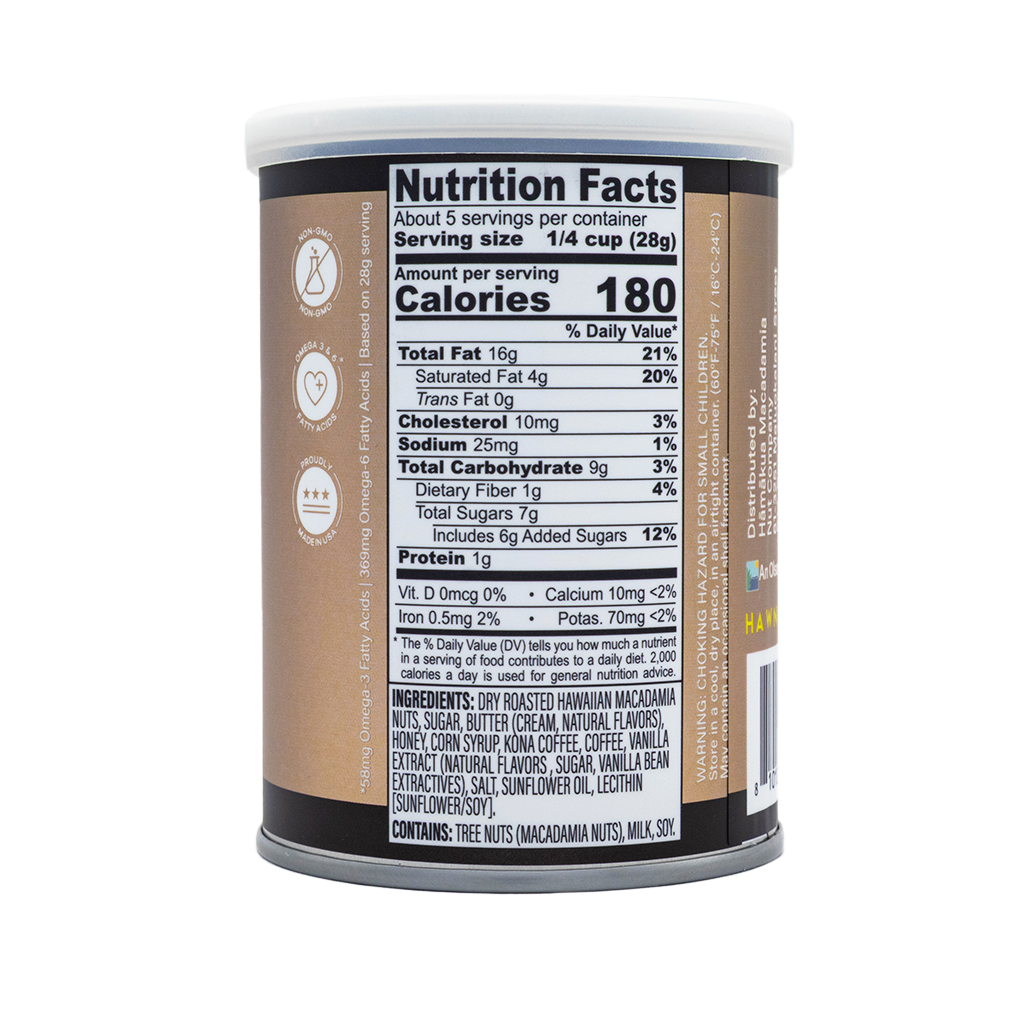 Hāmākua Macadamia Nut Company Kona Coffee Glaze macadamia nuts can nutrition label.