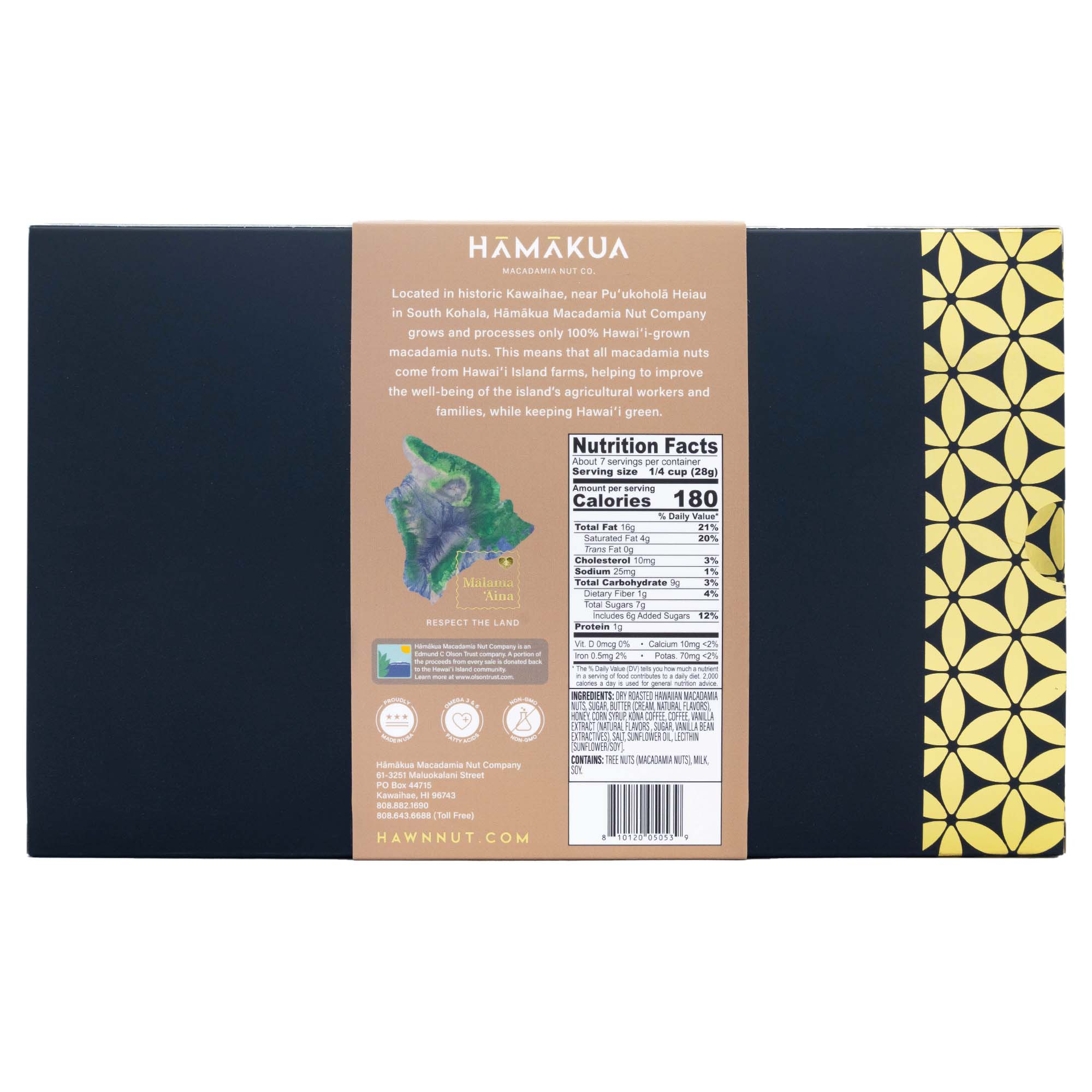 Hāmākua Macadamia Nut Company Kona Coffee Glaze macadamia nuts 7.5oz box nutrition label.