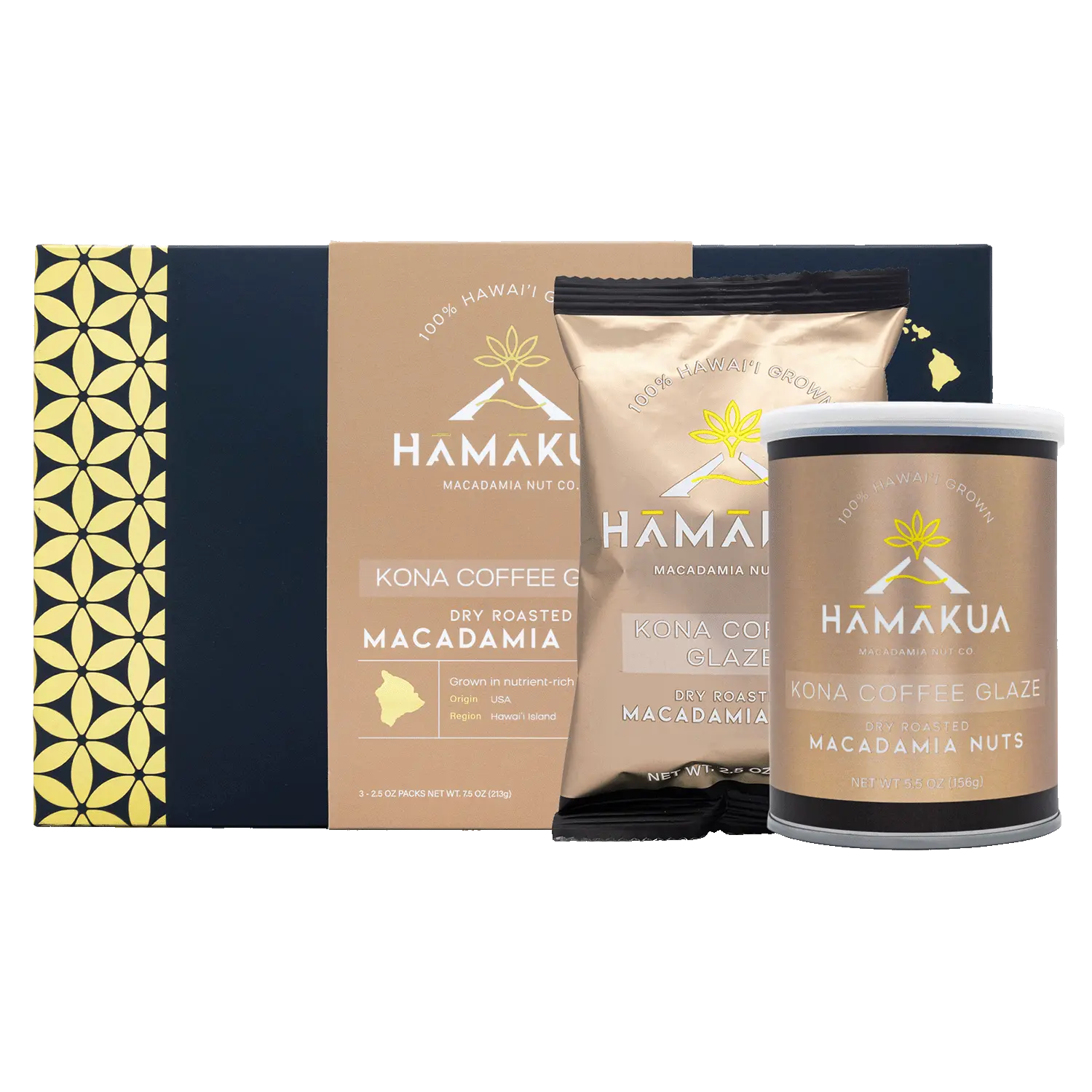 Hāmākua Macadamia Nut Company Kona Coffee Glaze Macadamia Nuts in various size packaging