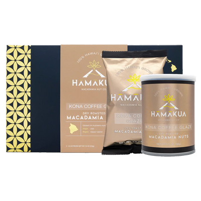 Hāmākua Macadamia Nut Company Kona Coffee Glaze Macadamia Nuts in various size packaging