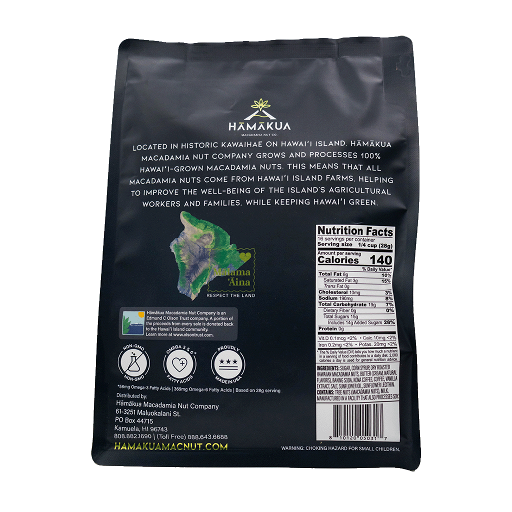 Back side of Hāmākua Macadamia Nut Co. Kona Coffee Macadamia Nut Brittle packaging