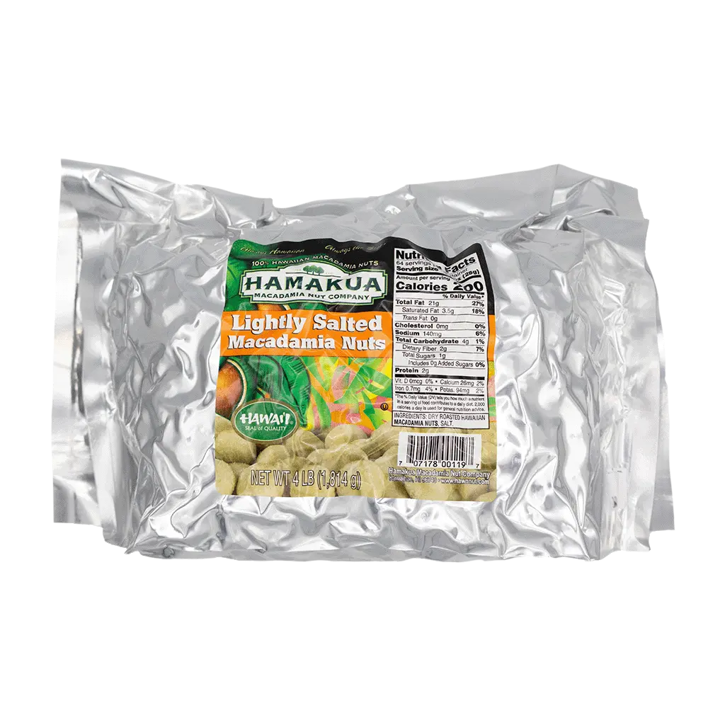4lb foil package of Hāmākua Macadamia Nut Company Lightly Salted Macadamia Nuts
