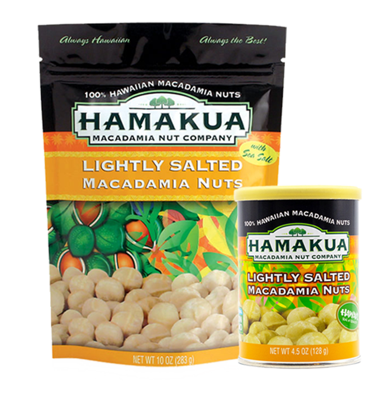 10oz pouch and 4.5oz can of Hāmākua Macadamia Nut Company Lightly Salted Macadamia Nuts