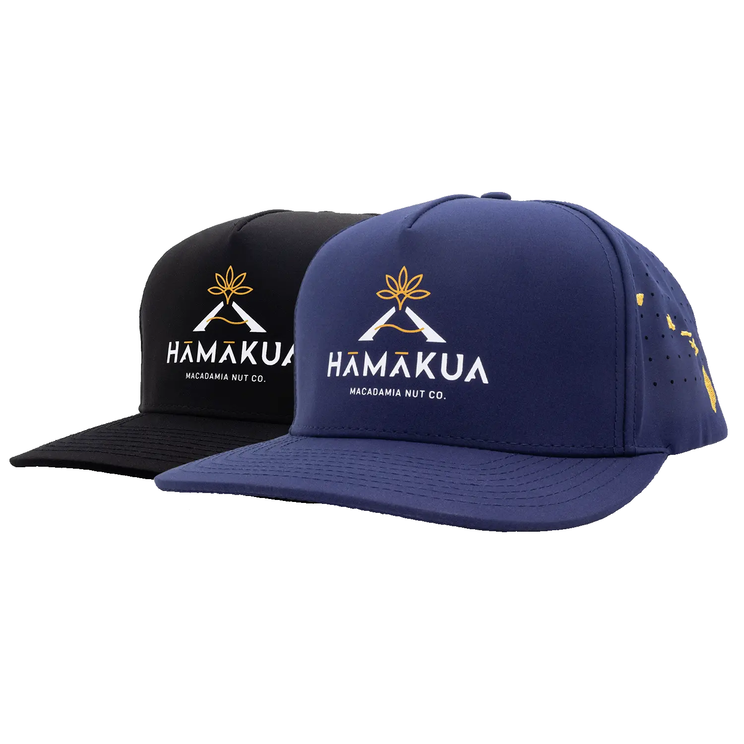 Navy blue and black cap with Hāmākua Macadamia Nut Co. logo on a white background