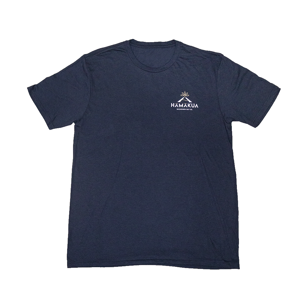 Dark blue t-shirt with a white Hāmākua Macadamia Nut Co logo
