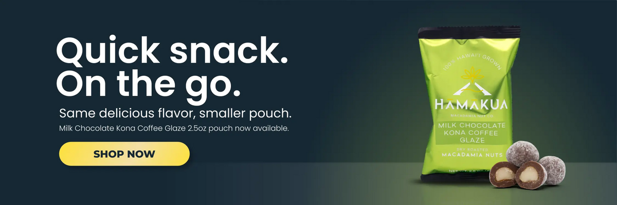 A promotional product image for Milk Chocolate Kona Coffee Glaze product. The lime green pouch is shown against a dark teal-to-dark blue gradient background, with three chocolate macadamia nuts (one whole and two halves showing the glaze to the right.