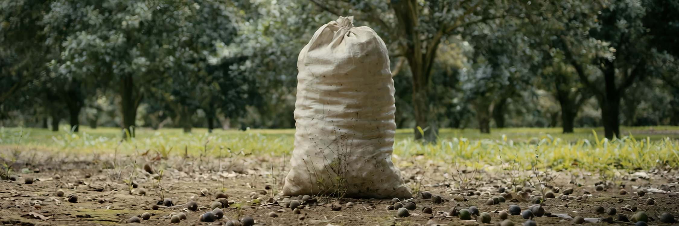 A bag of macadamia nuts sitting in a macadamia nut orchard.