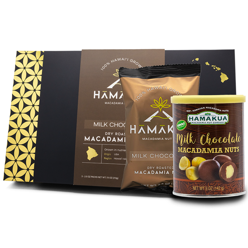 Hamakua Macadamia Nut Company Milk Chocolate packaging for a variety of sizes