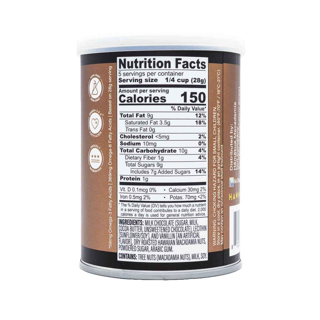 Hāmākua Macadamia Nut Company Milk Chocolate macadamia nuts can nutrition label.