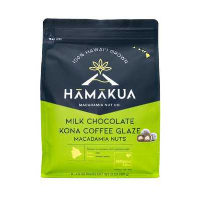 Hāmākua Macadamia Nut Company Milk Chocolate Kona Coffee Glaze macadamia nuts 15oz pouch packaging