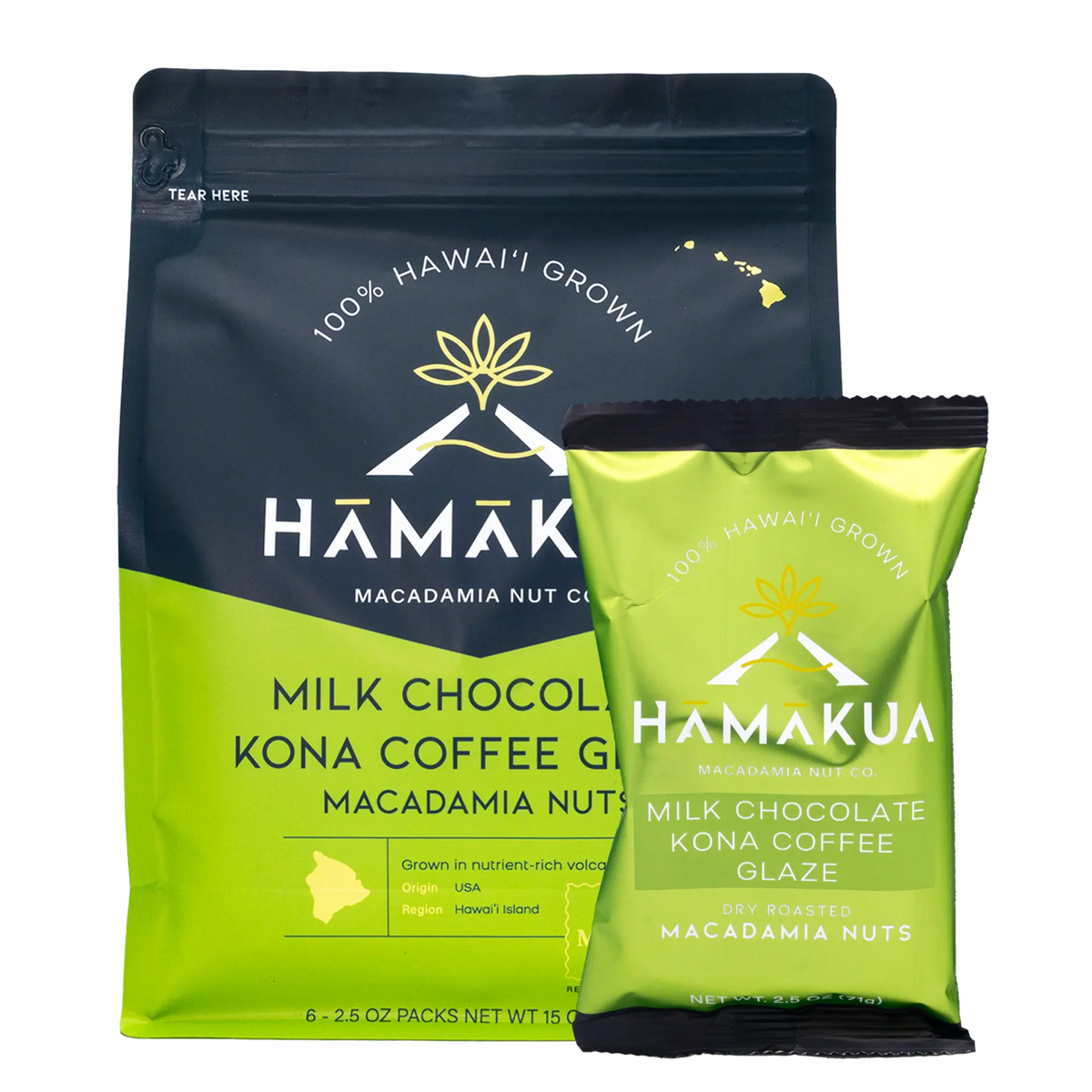 Various size packages of Hāmākua Macadamia Nut Company Milk Chocolate Kona Coffee Glaze Macadamia Nuts.