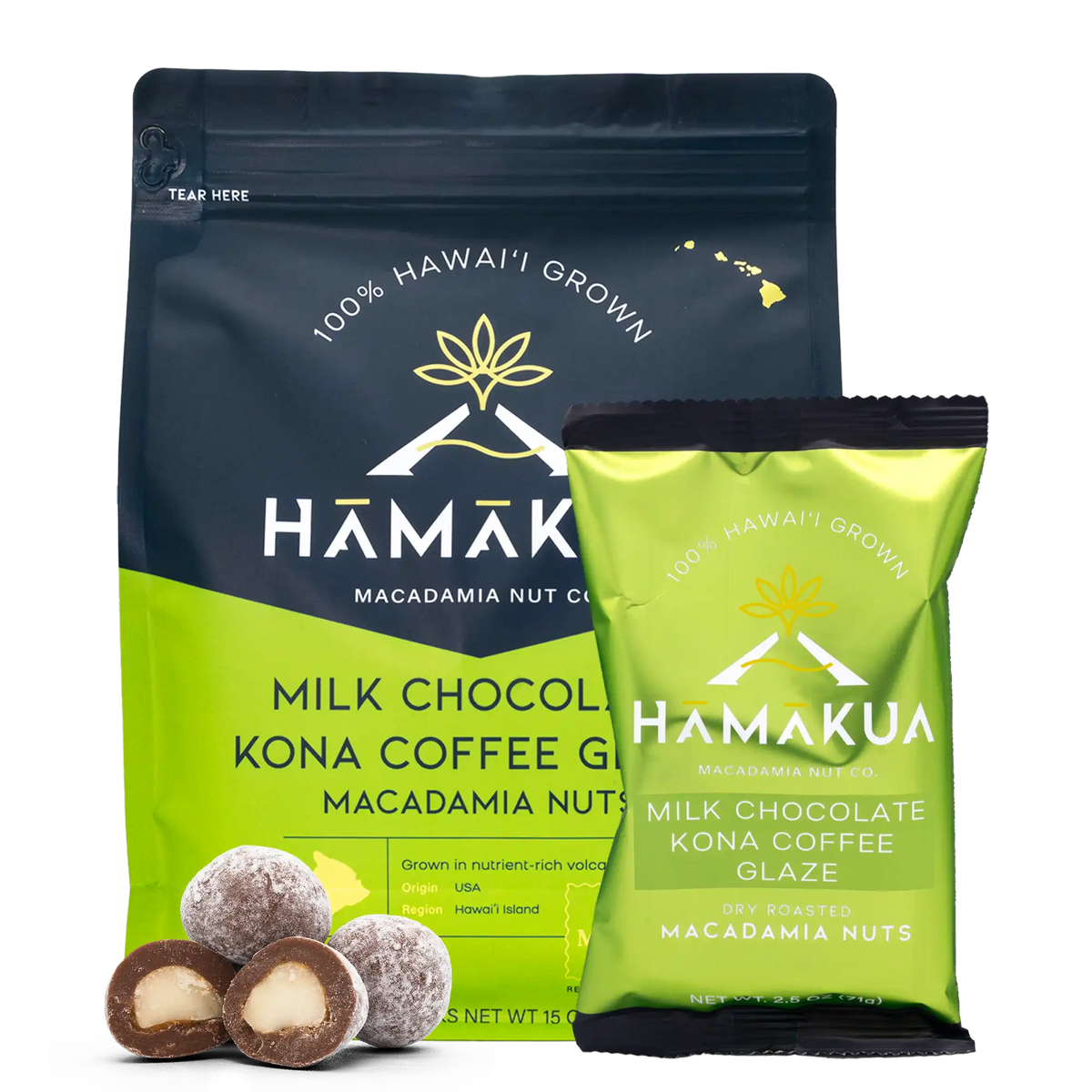 Various size packages of Hāmākua Macadamia Nut Company Milk Chocolate Kona Coffee Glaze Macadamia Nuts with two whole chocolate macadamia nuts and one cut in half sitting in front of the packages.