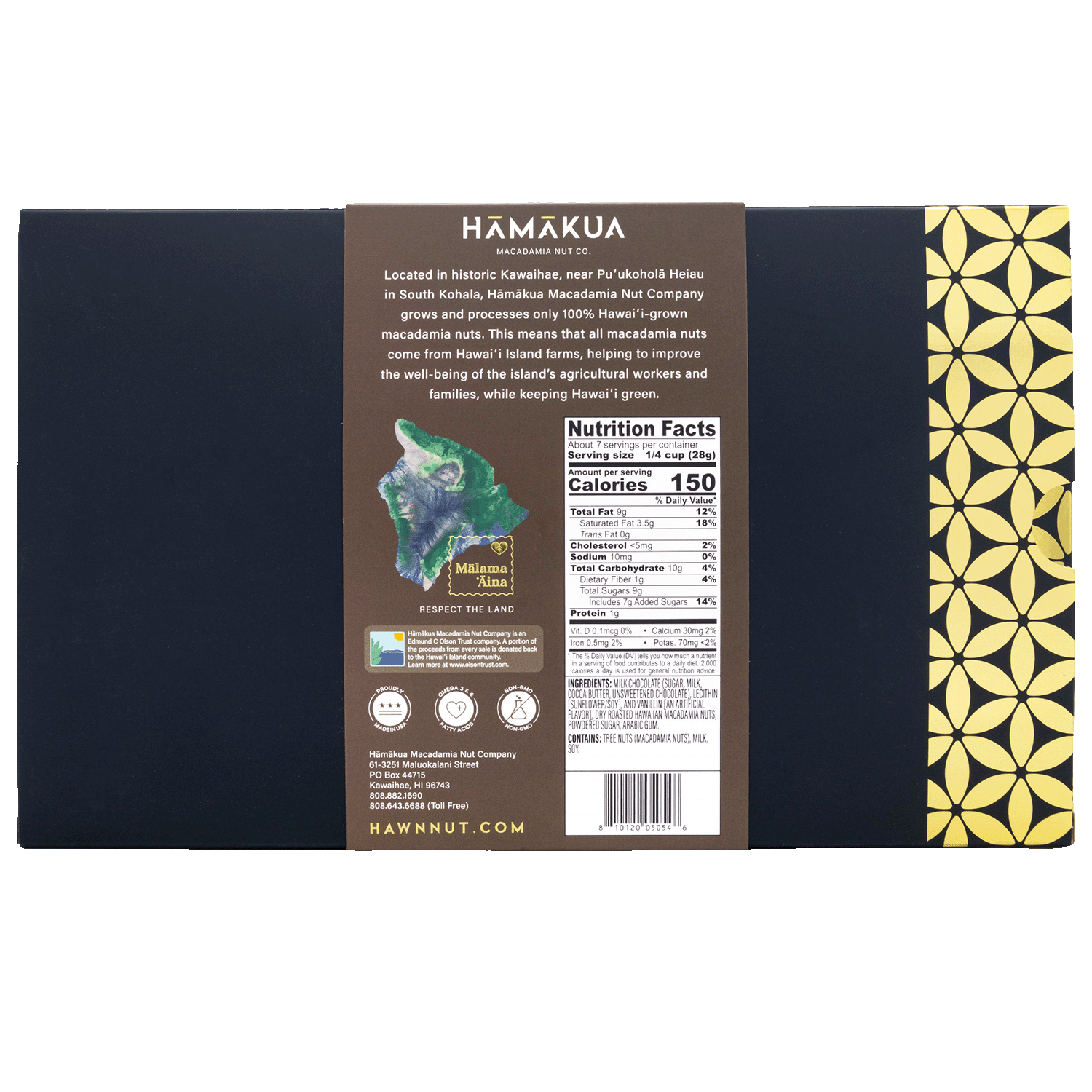 Milk Chocolate macadamia nuts 7.5oz box nutrition label