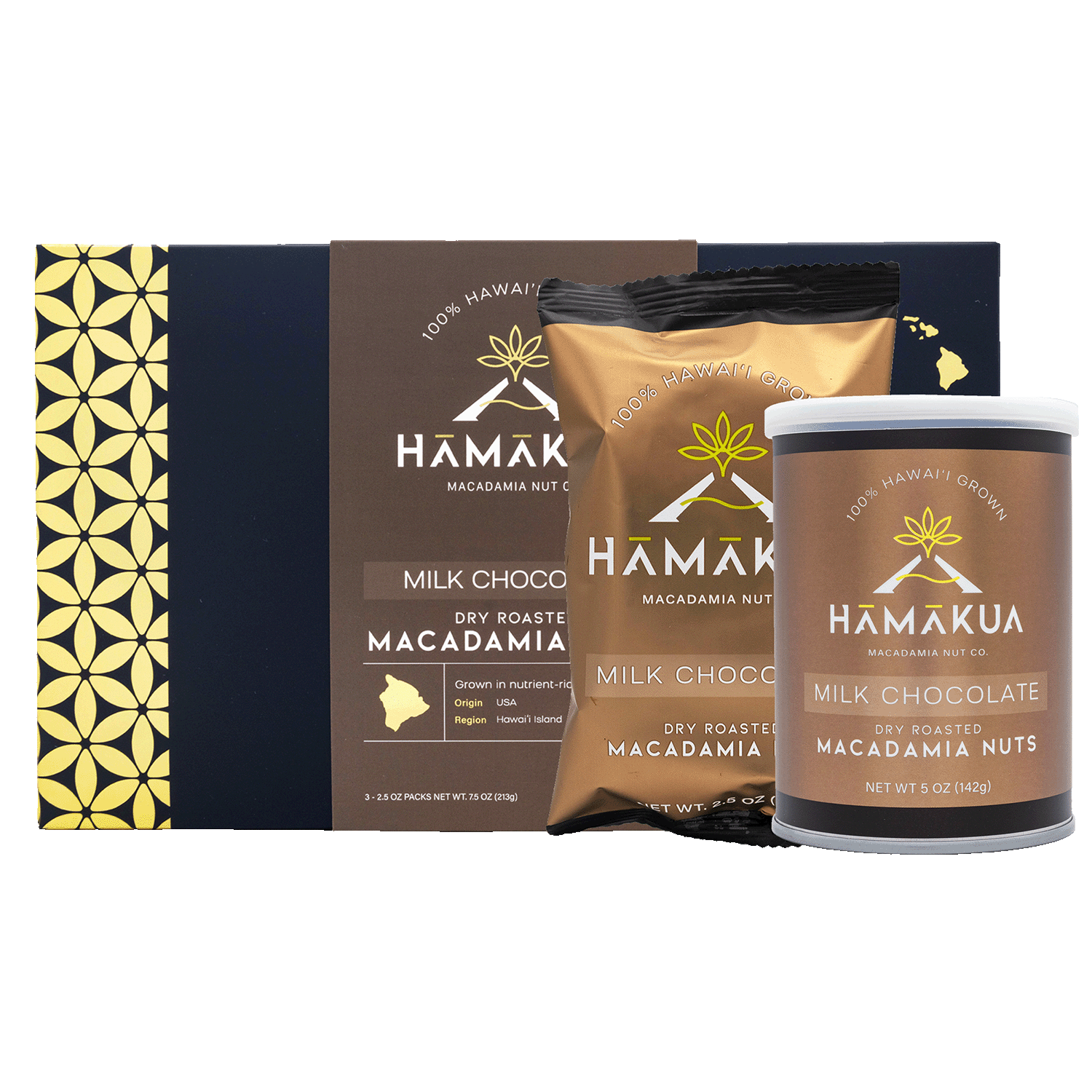 Hāmākua Macadamia Nut Company Milk Chocolate Macadamia Nuts in various size packaging