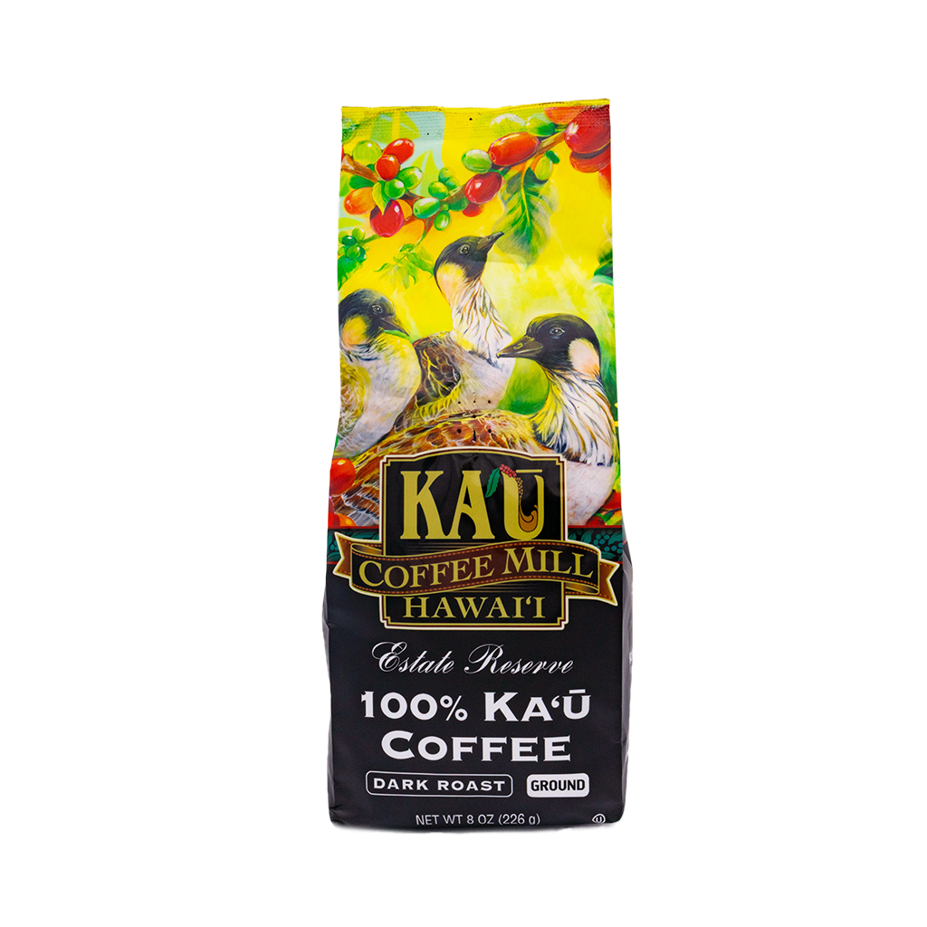 Kau Coffee Mill Hawaii Dark Roast bag with Nene Geese illustration packaging