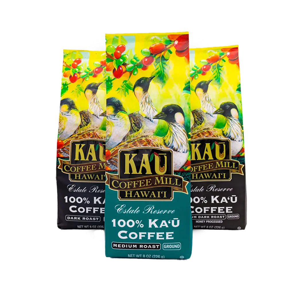 Kau Coffee Mill Hawaii bags with Nene Geese illustration packaging