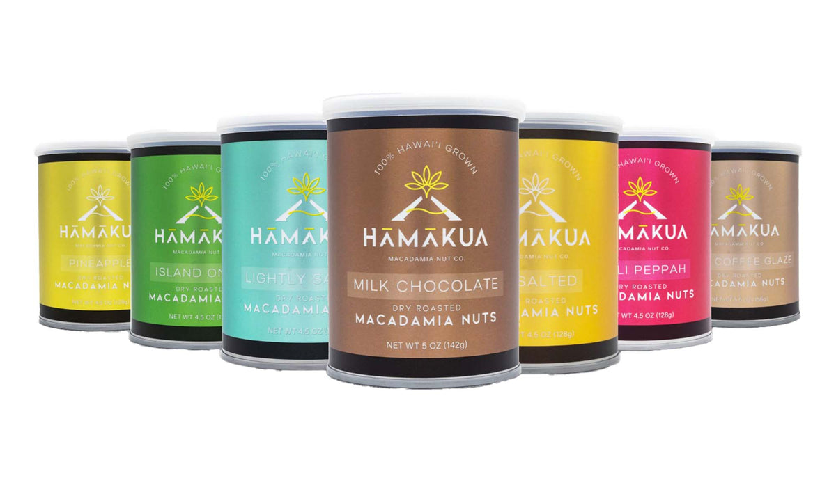 Assorted new Hāmākua Macadamia Nut Company packaging on a white background