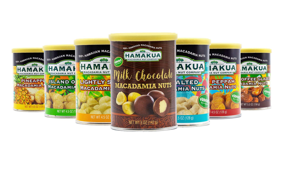 Assorted old Hāmākua Macadamia Nut Company packaging on a white background