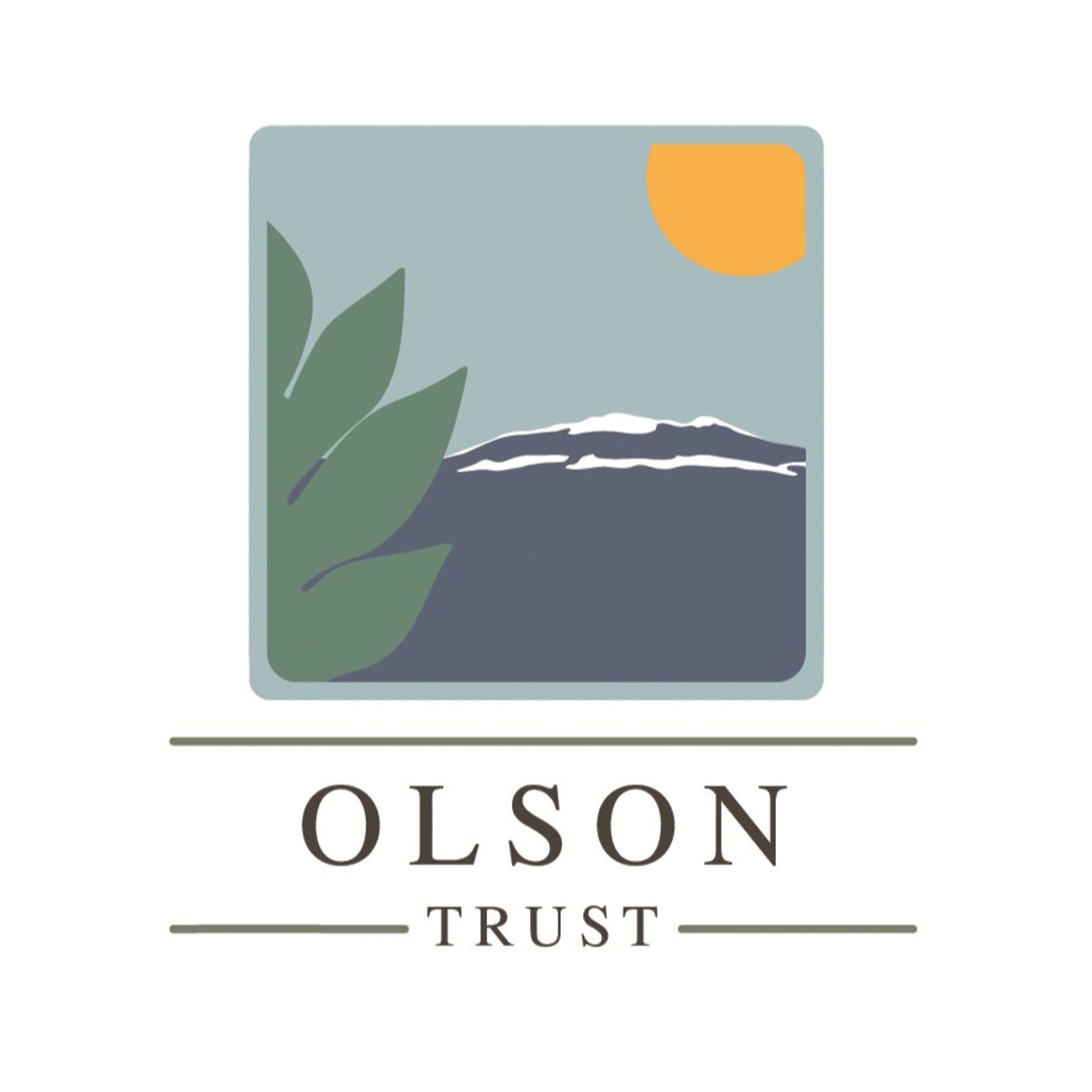 Logo of Olson Trust with a mountain, leaf, and sun design on a light blue background.