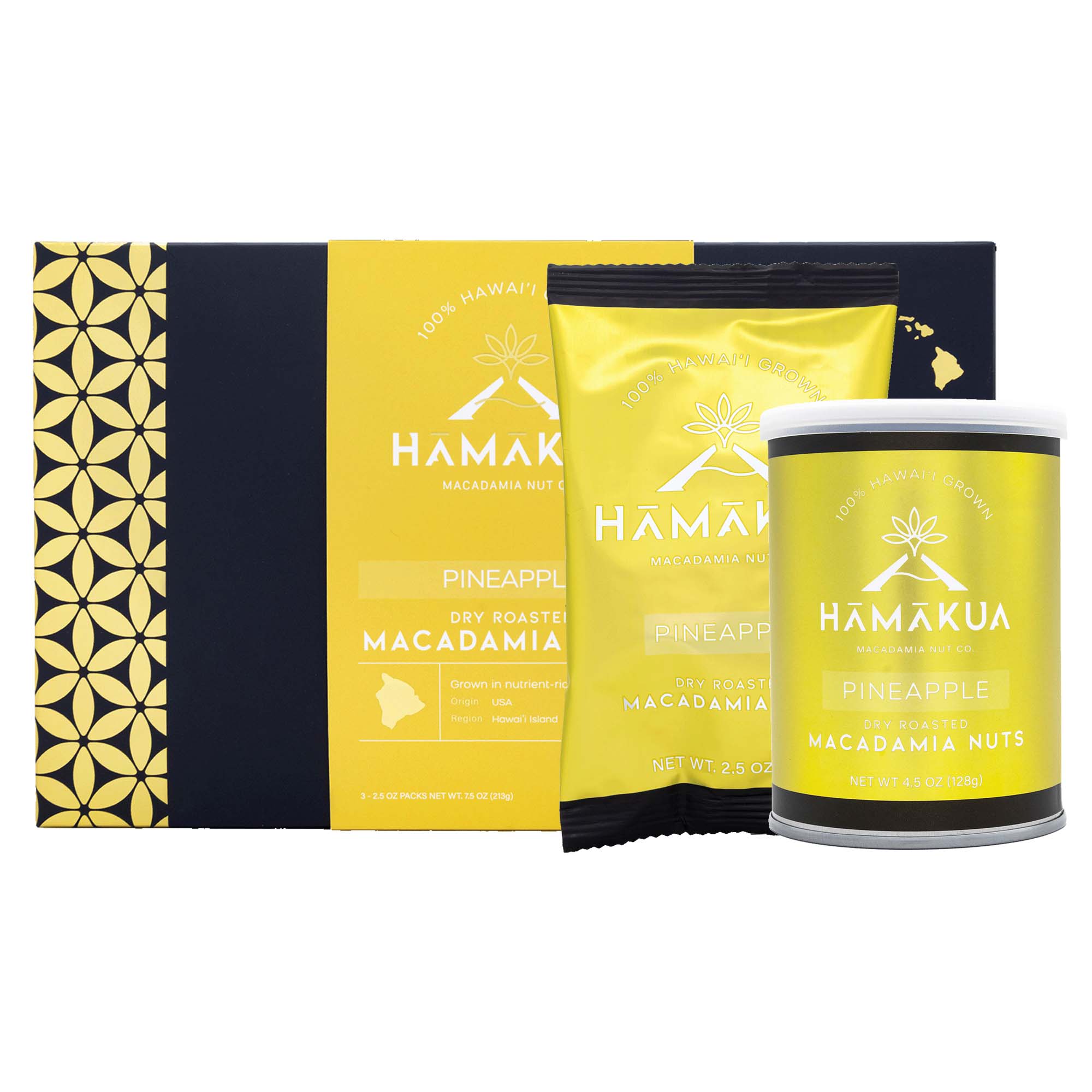 Hāmākua Macadamia Nut Company Pineapple Macadamia Nuts in various size packaging