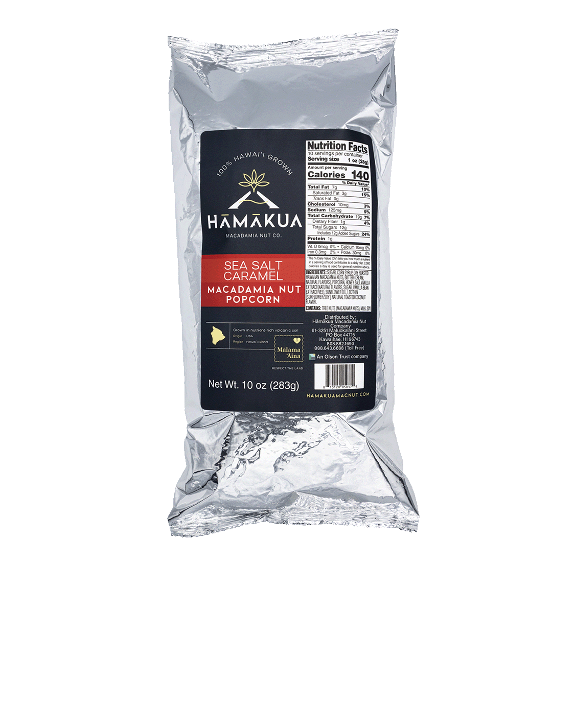 Silver foil package of Hāmākua Macadamia Nut Company Sea Salt Caramel Popcorn
