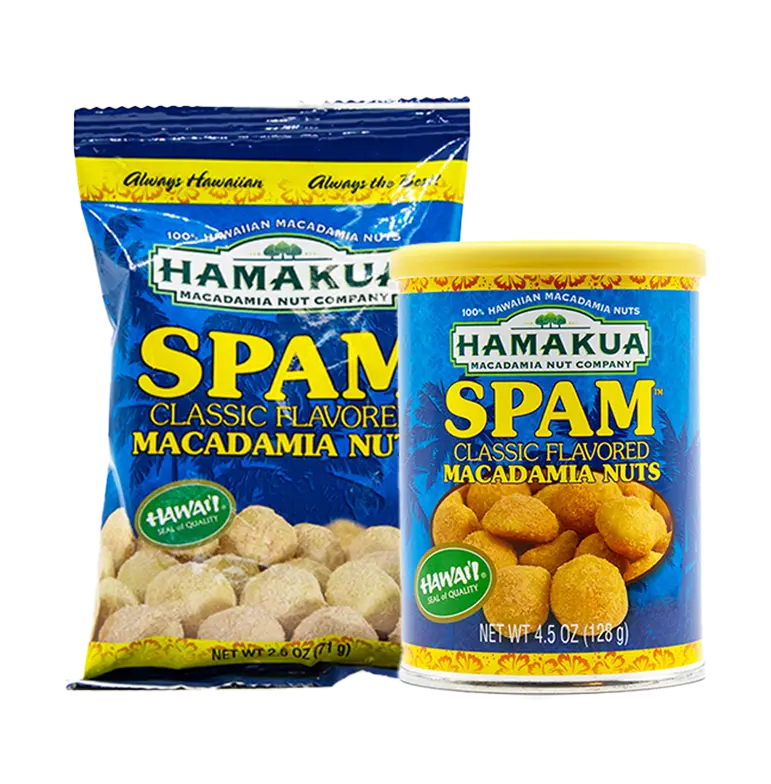 2.5oz pouch and 4.5oz can of Hāmākua Macadamia Nut Company SPAM Macadamia Nuts